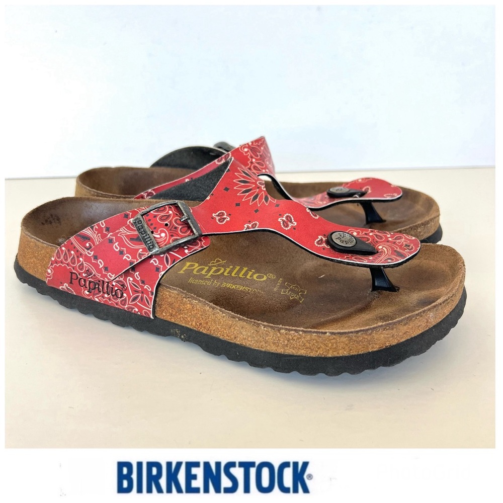 BIRKENSTOCK Gizeh Papillon Red Floral Adjustable Buckle Thong Flat Sandal Sz 38